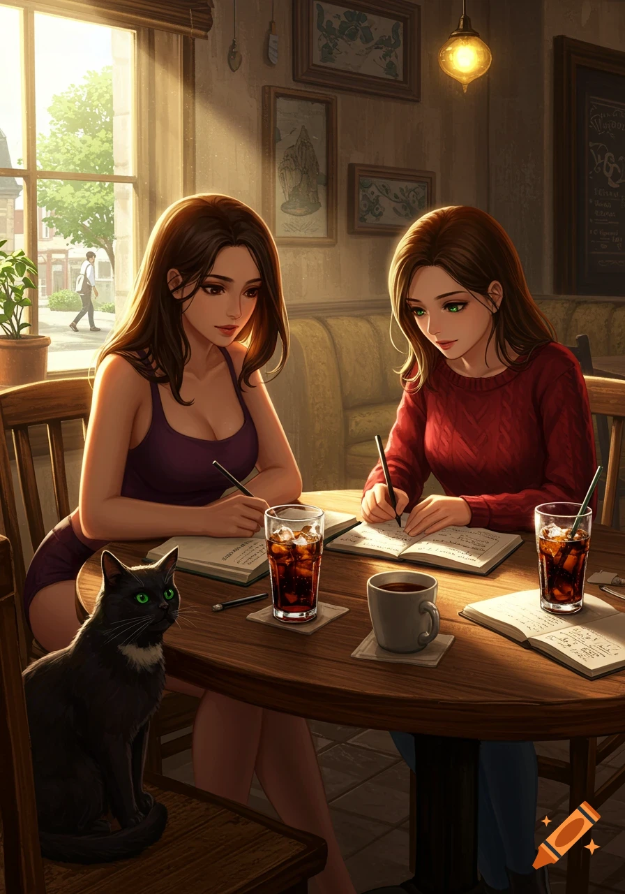 Two anime-styled women, one with a purple top and a black cat, the other in a red sweater, write in journals at a cafe table with drinks.