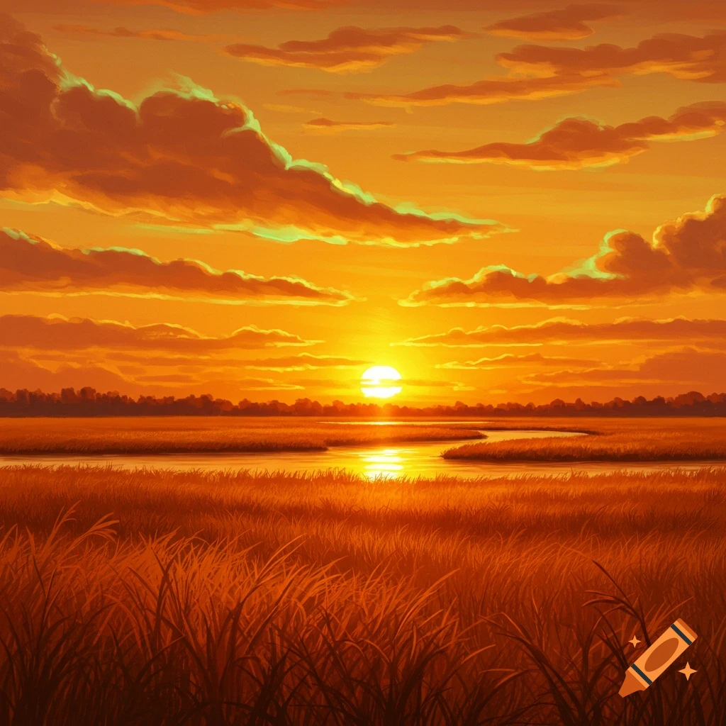 Vibrant orange sunset over a marsh with a winding river, tall grasses in the foreground, and stylized clouds.