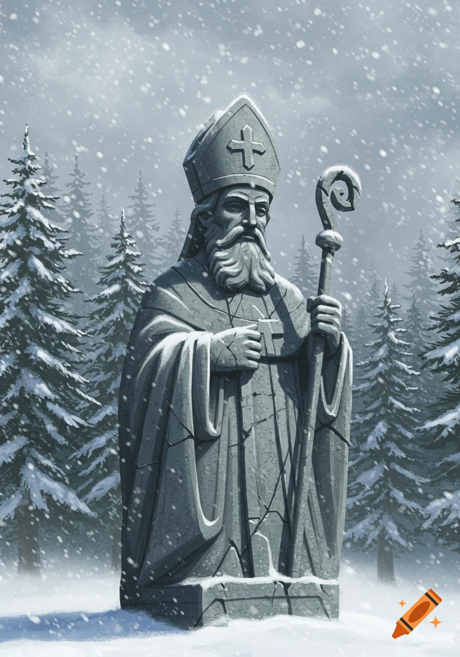 Illustration of a gray stone statue of Saint Nikolaus, wearing a mitre and holding a staff, in a snowy forest with falling snow.