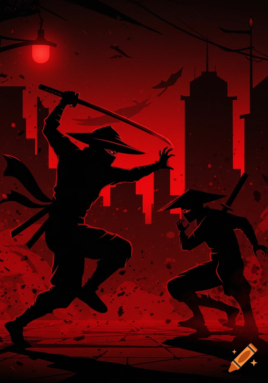 Two silhouetted ninjas engage in a dynamic sword fight against a red and black cityscape in a vector art style.