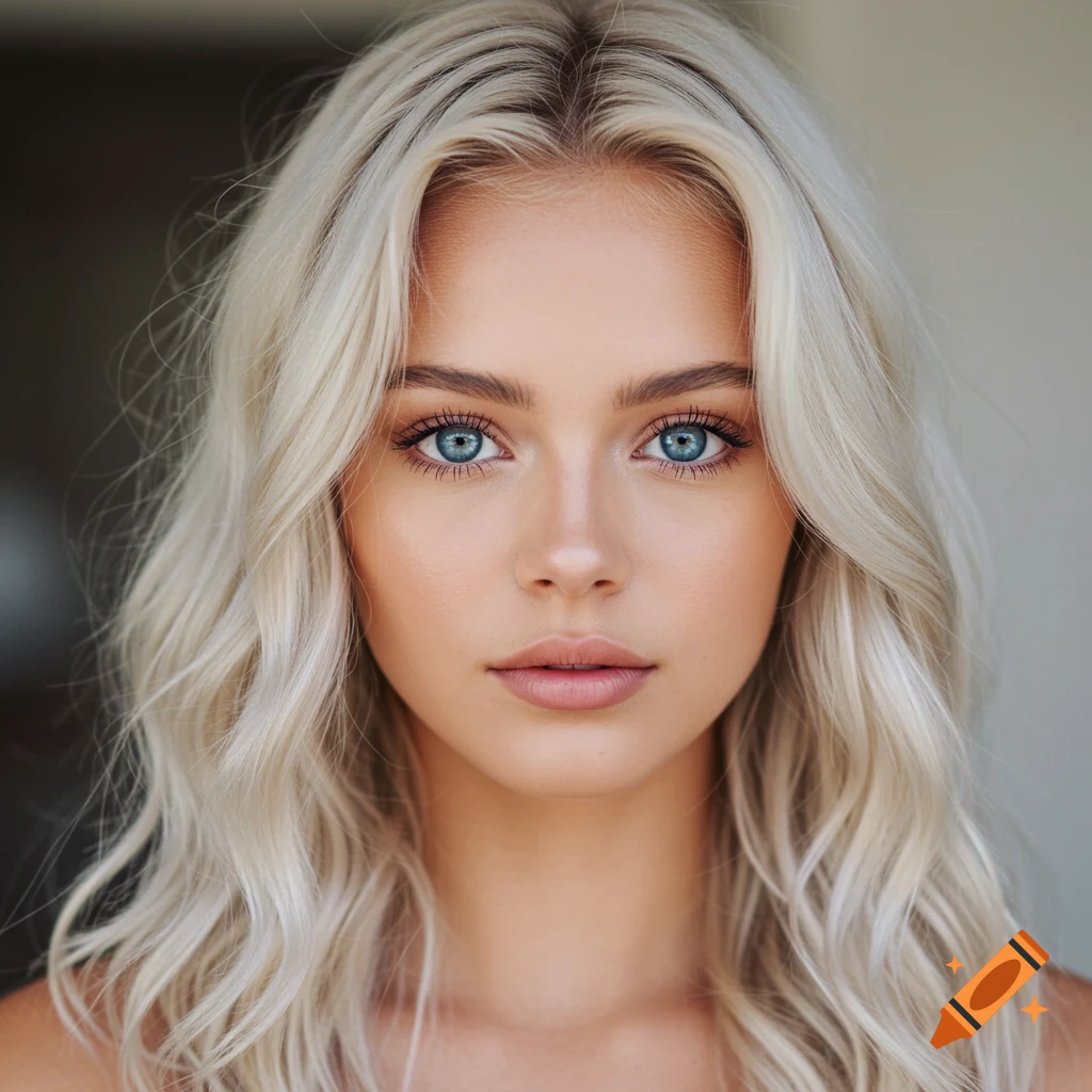 Close-up portrait of a young woman with platinum blonde wavy hair and bright blue eyes, looking directly forward.