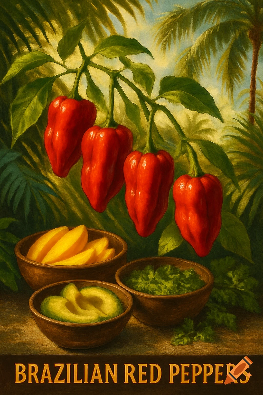 Painterly image of red peppers hanging from a vine, with bowls of mango, avocado, and greens below. Text: BRAZILIAN RED PEPPERS.