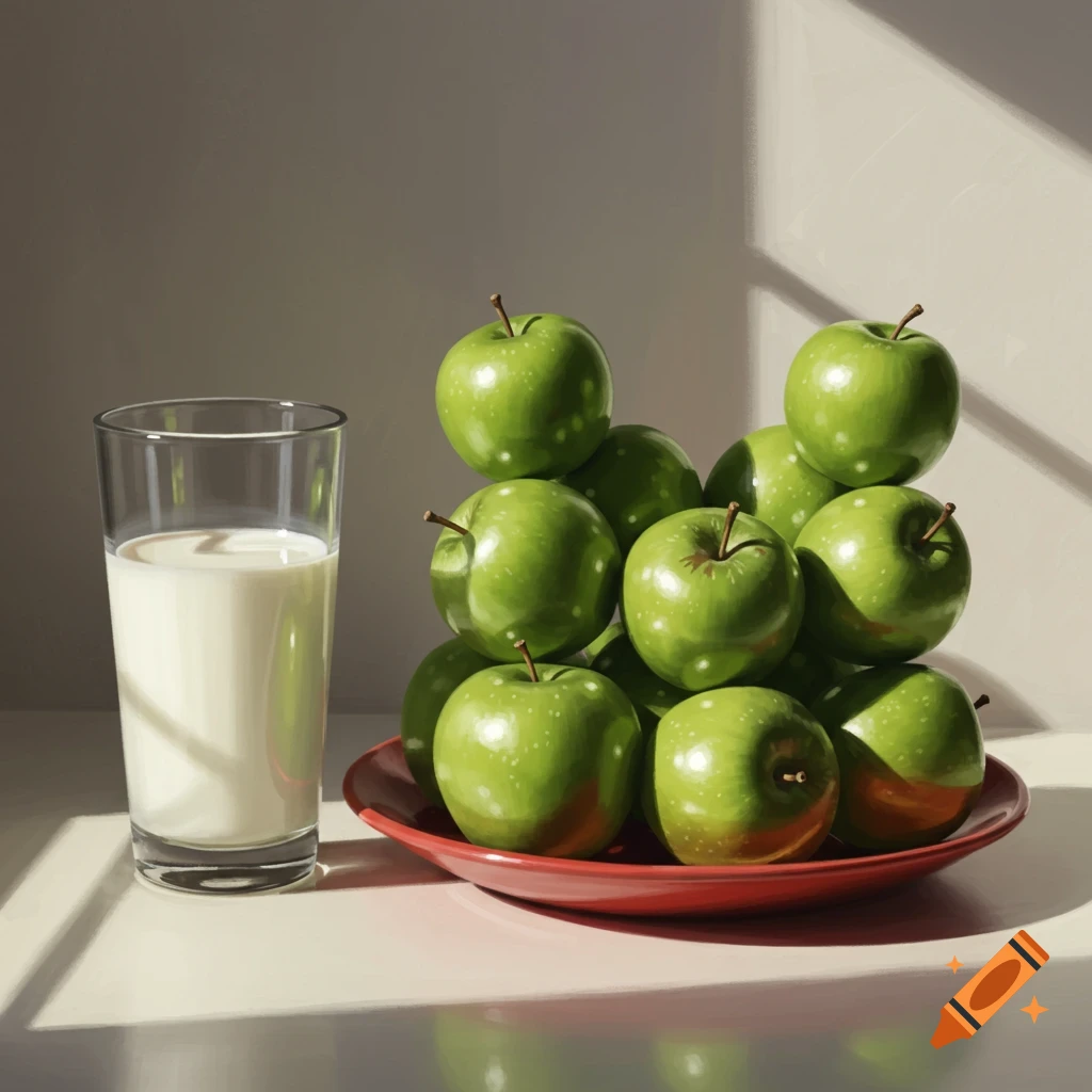 A glass of milk sits beside a red plate piled high with green apples, illuminated by soft window light.