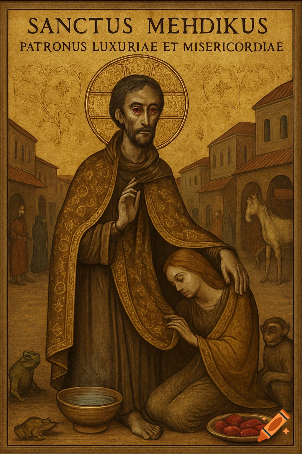Byzantine-style icon painting of Saint Mehdikus, with red eyes and a gold cloak, comforting a kneeling woman in a marketplace. Frogs, a monkey, and a horse are present.