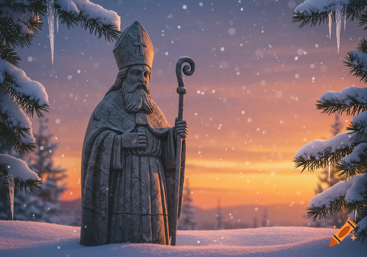Stone statue of a bearded bishop or saint with a mitre and staff, standing in a snowy winter landscape at sunset.