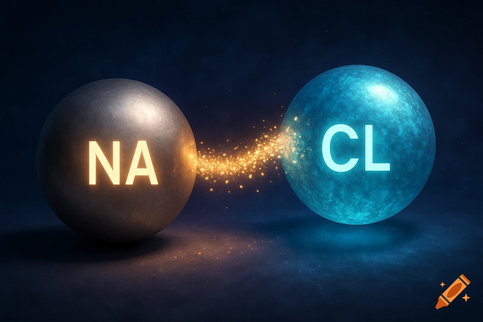 Two glowing spheres, one silver with 'NA' and one blue with 'CL', connected by a stream of golden particles, depicting an ionic bond.