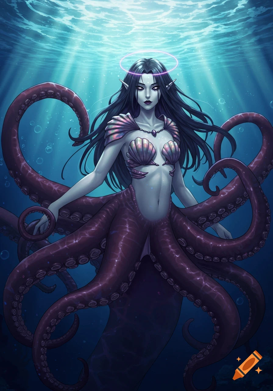 An anime-style human-octopus hybrid with pale skin, dark hair, purple halo, shell top, and dark purple tentacles underwater.