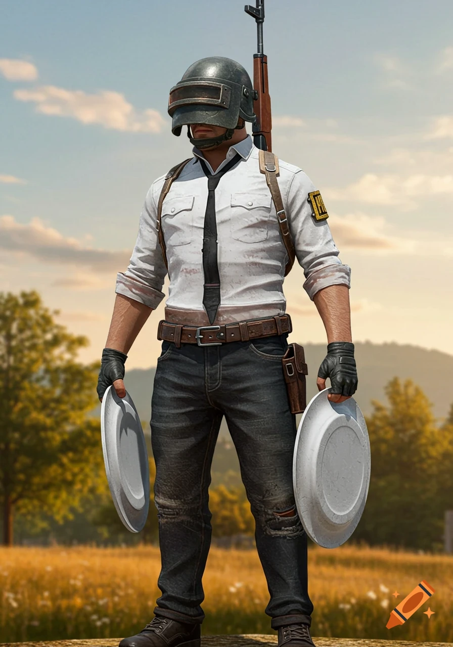 A photorealistic PUBG character in a helmet, white shirt, and jeans holds two empty plates in a grassy field.
