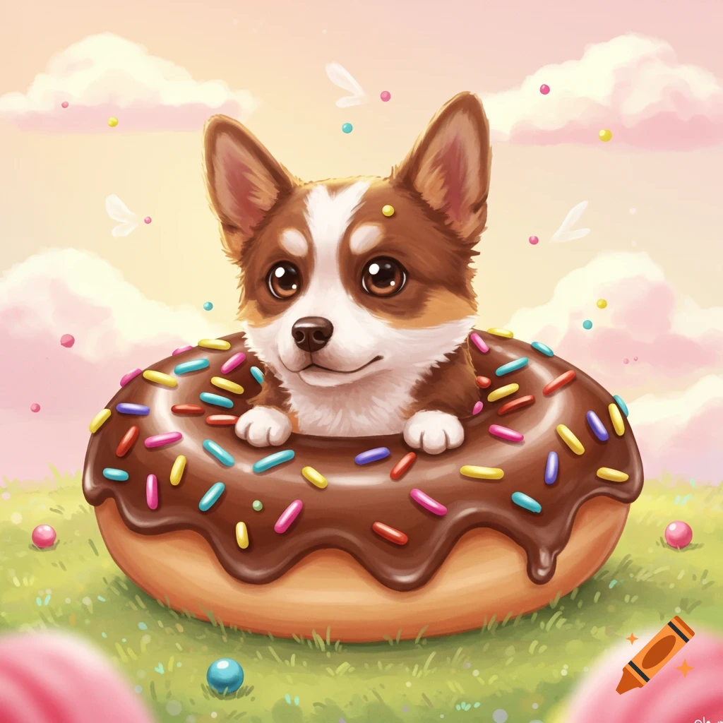 A cute, stylized corgi dog peeking out of a large chocolate donut with colorful sprinkles, set against a whimsical sky.