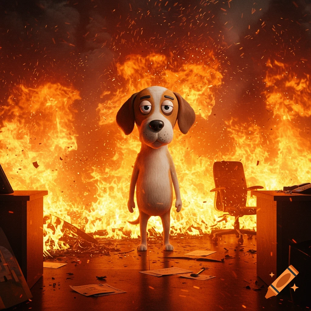 A cartoon dog with a calm expression stands in an office engulfed in bright orange flames, papers scattered on the floor.