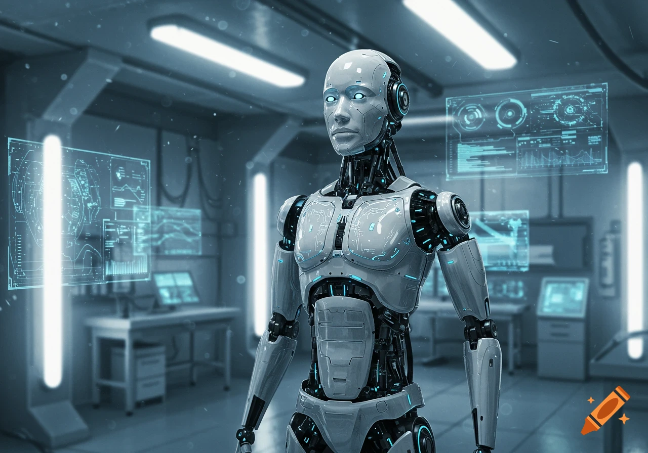 A photorealistic humanoid robot with glowing blue eyes stands in a futuristic lab surrounded by holographic data displays.