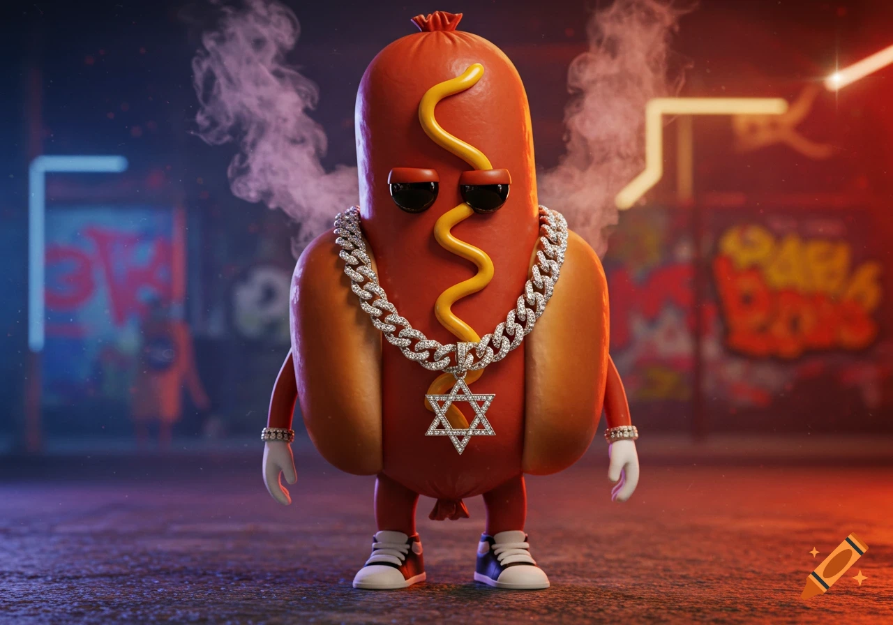 A cool humanoid hotdog wearing sunglasses, a diamond chain with a Star of David pendant, and sneakers, standing in a foggy, neon-lit urban alley.