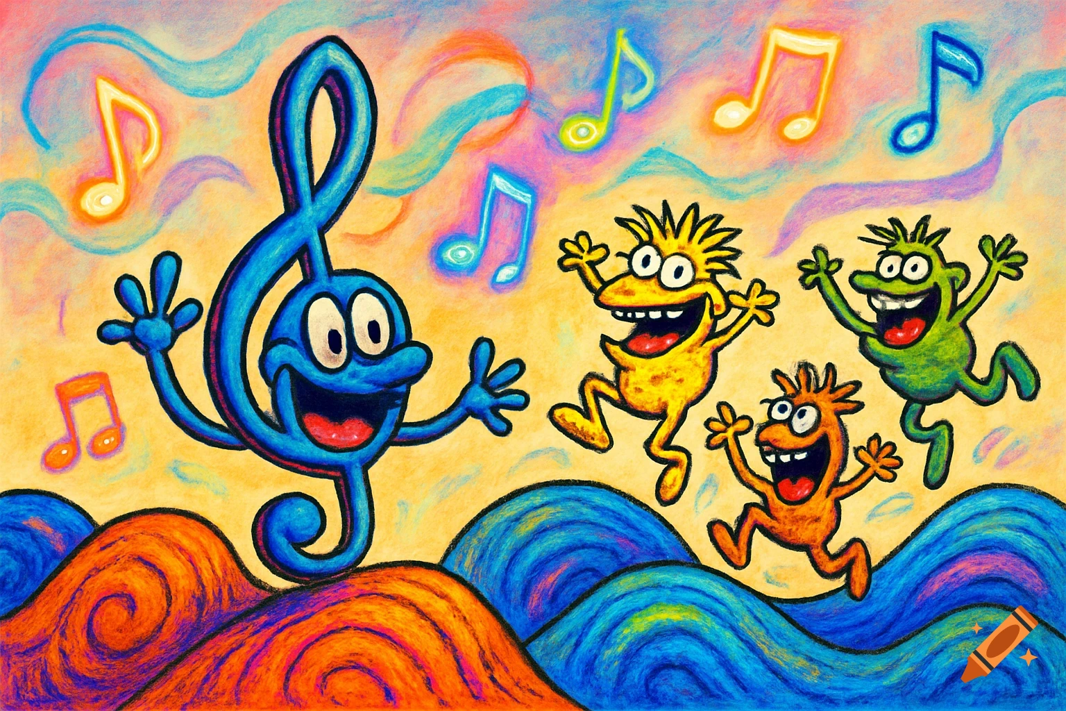 Colorful cartoon illustration of a happy blue treble clef character, three jumping monster-like creatures, and floating musical notes in a crayon style.