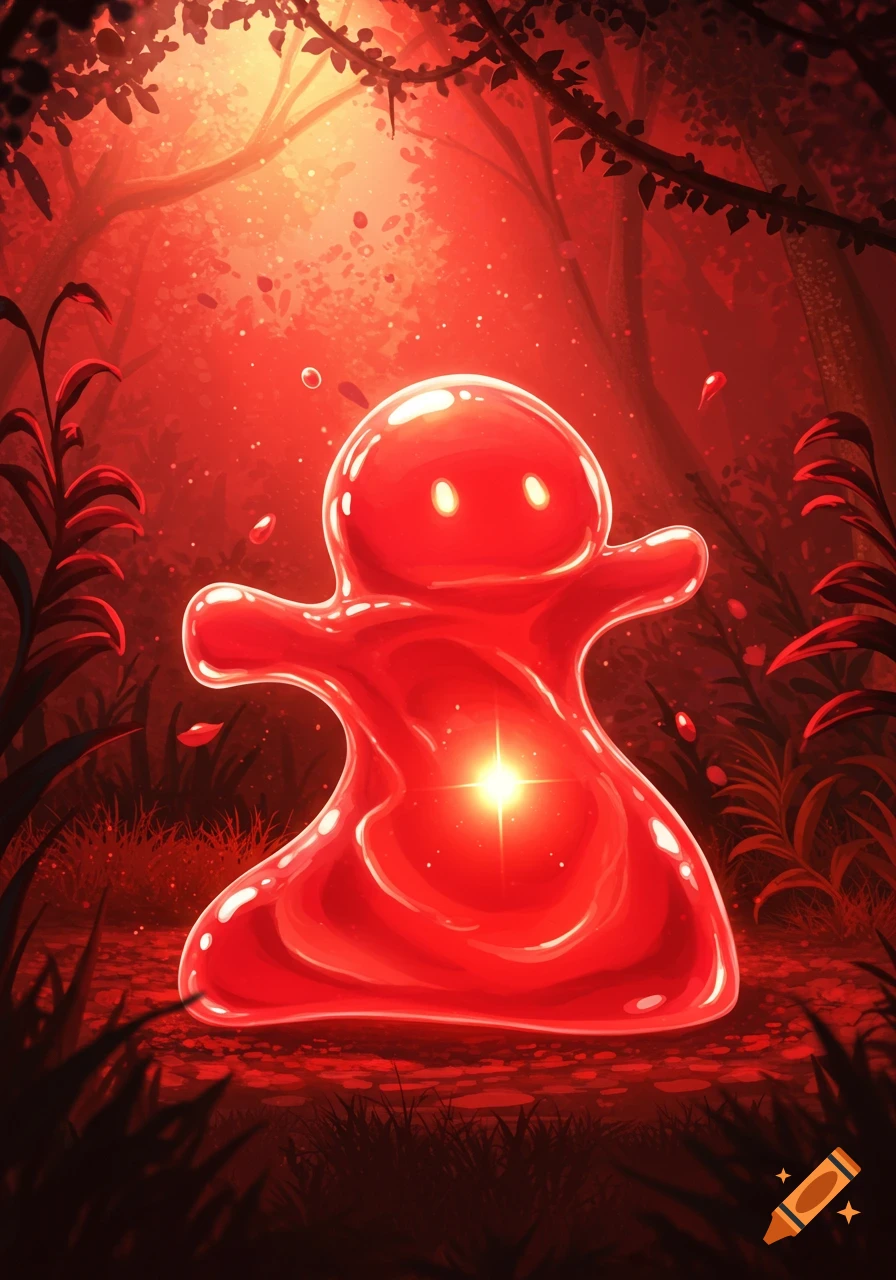 A glowing red slime creature stands in a dark, red-lit fantasy forest with magical foliage.