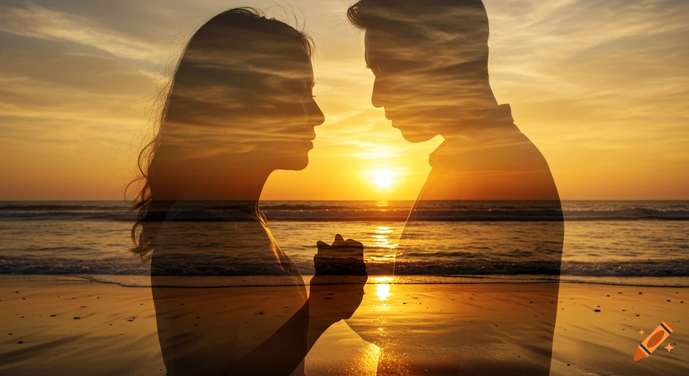 Double exposure of a couple's silhouettes on a beach at sunset, with golden and orange skies reflected in the water.