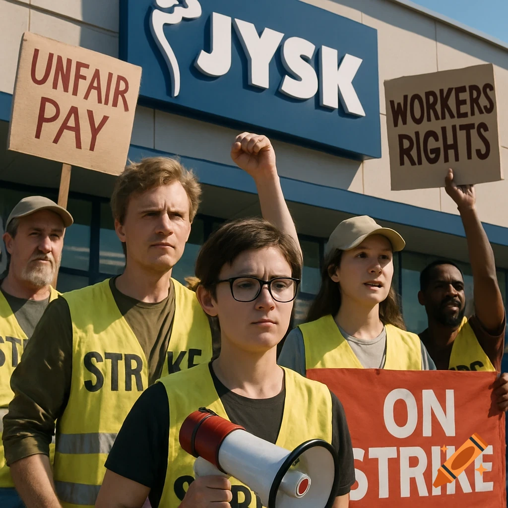 A photorealistic image of a group of people protesting outside a JYSK store, holding 'UNFAIR PAY', 'WORKERS RIGHTS' signs, and an 'ON STRIKE' banner.