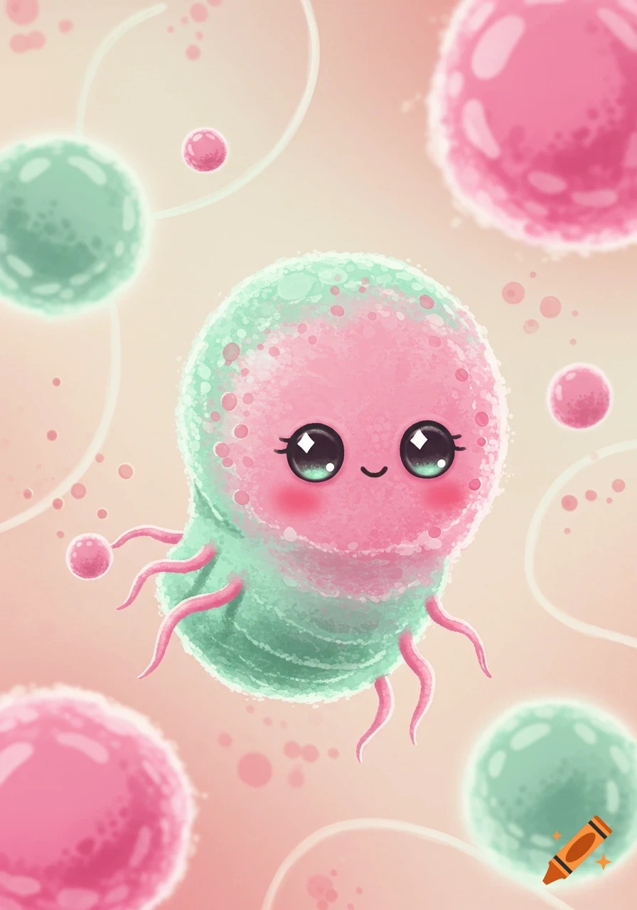 A cute, pink and mint green microbe with large black eyes and small tentacles floats in a light pink microscopic environment.