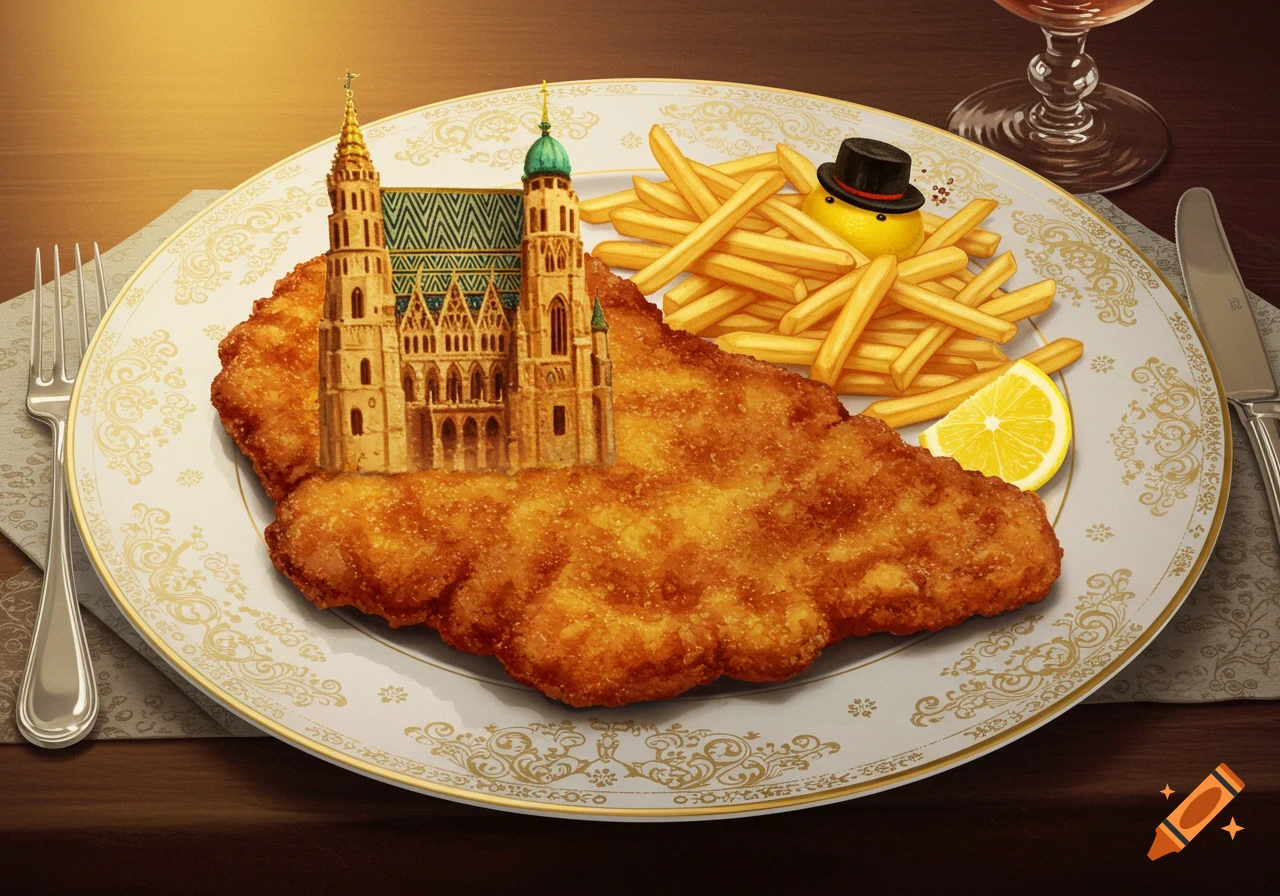A schnitzel shaped like St. Stephen's Cathedral in Vienna on a decorative plate with fries and a lemon character wearing a top hat.