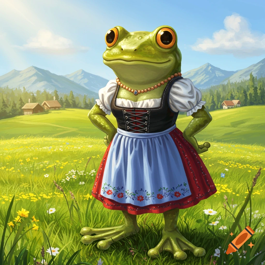 A cartoon green frog in a German dirndl dress stands in a sunny, flower-filled mountain meadow.