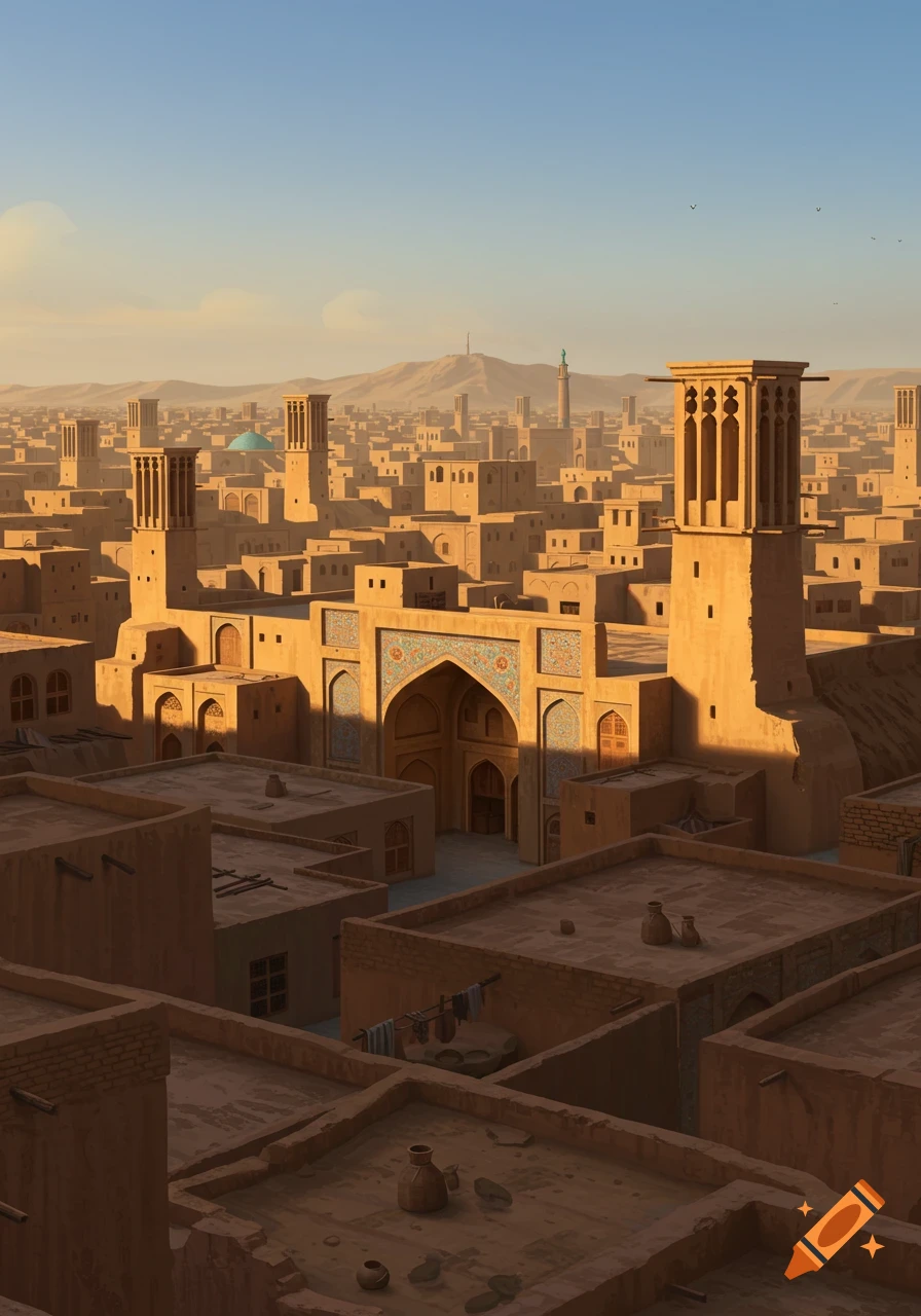 An aerial view of an ancient desert city with numerous mudbrick buildings, towering windcatchers, and an ornate archway under a clear sky.
