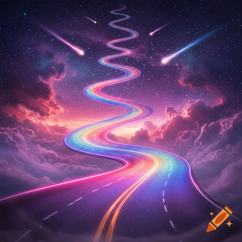 A vibrant, winding rainbow-colored road ascends into a dark, starry sky with pink and purple clouds and glowing shooting stars.