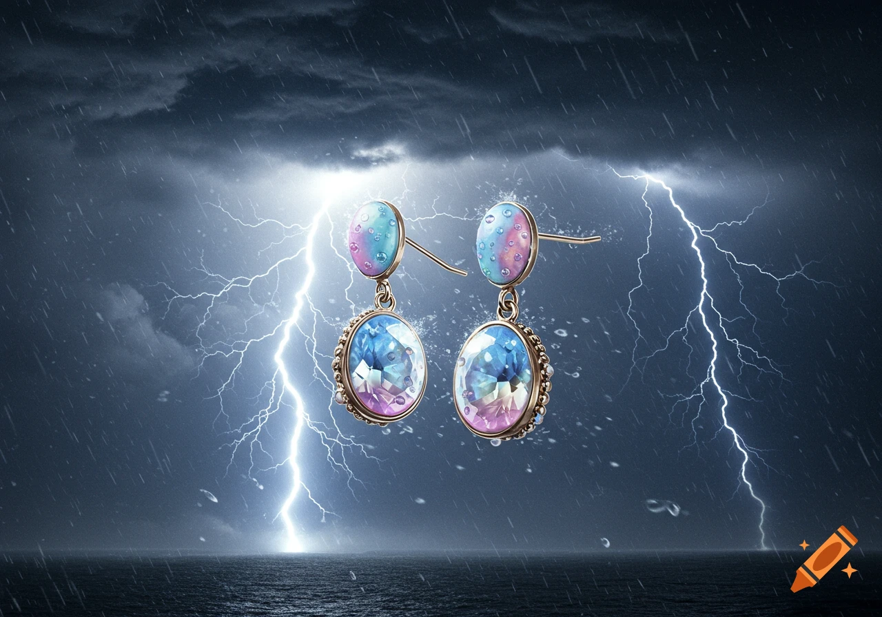 Pastel gemstone earrings with ornate settings against a dark, stormy sky with lightning and rain over a turbulent ocean.