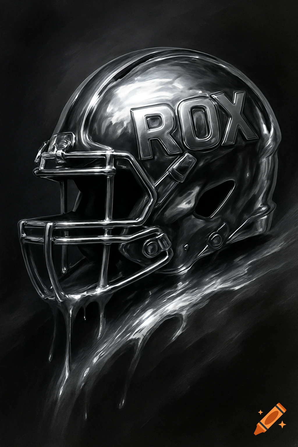A silver, chrome football helmet with 'ROX' text, styled like liquid mercury, on a dark background.