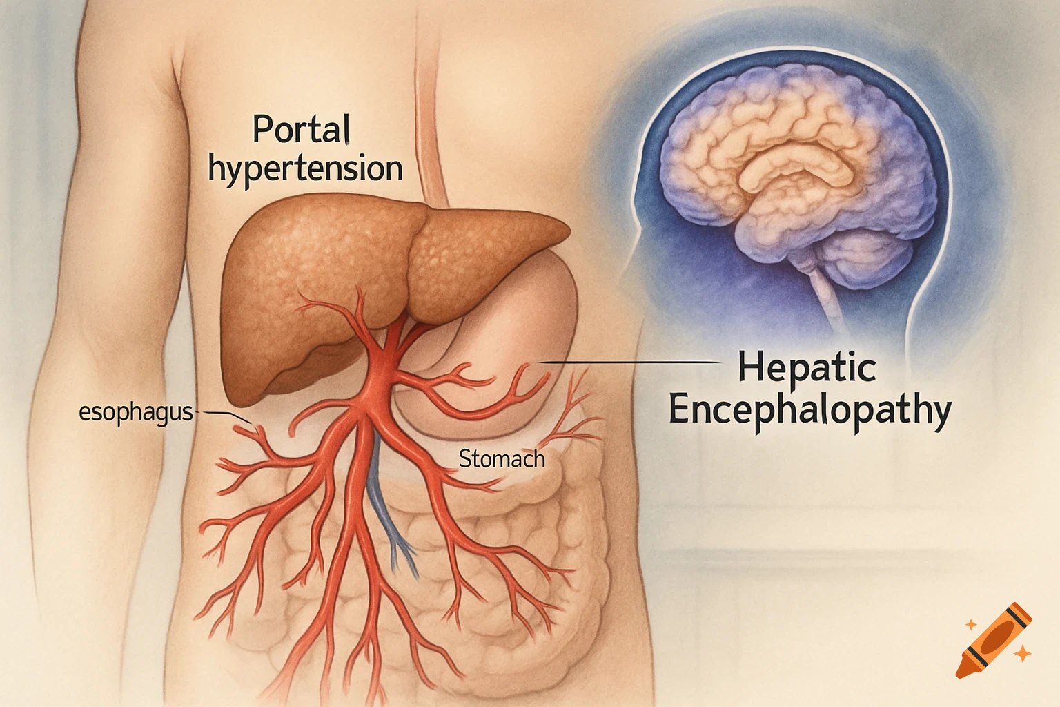 Medical diagram of human torso with liver, stomach, esophagus, and brain, labeled Portal hypertension and Hepatic Encephalopathy.