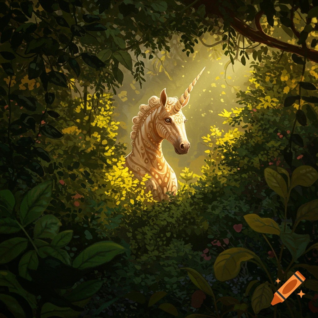 An ornate, light-colored unicorn with a textured horn emerges from a lush green bush in a sunlit forest.