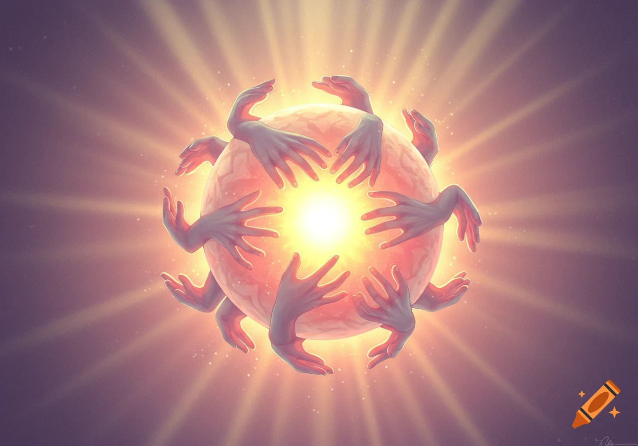 An ethereal orb glowing with warm light, surrounded by numerous hands reaching inward, against a softly lit background.