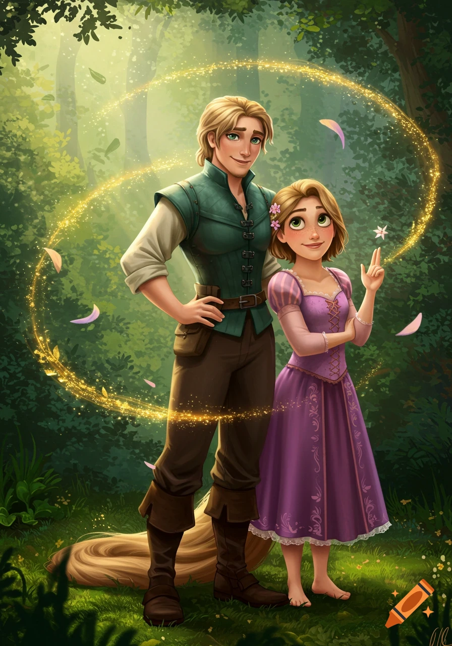 Animated Flynn Rider and Rapunzel with short brown hair stand in a sunlit forest, surrounded by golden magic sparkles.