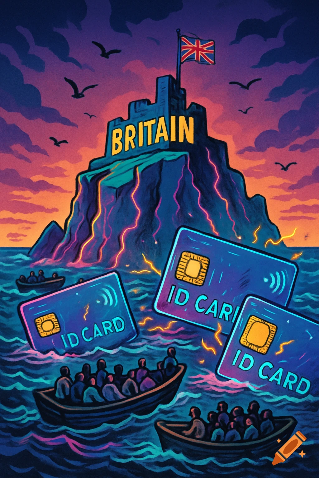 A vibrant, neon-lit illustration of a fortress island labeled BRITAIN with a Union Jack flag, surrounded by choppy seas where small boats of migrants are blocked by giant glowing ID CARD barriers.