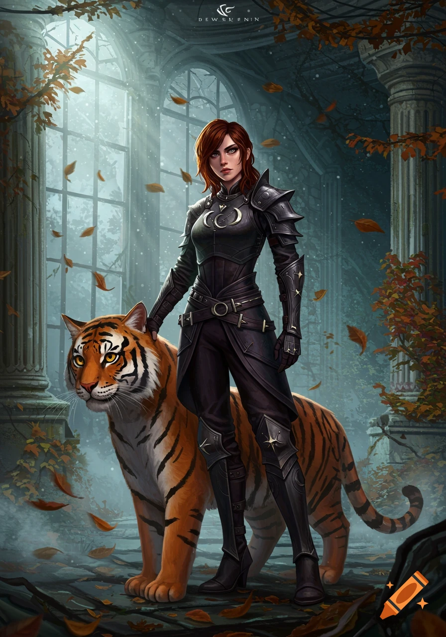 A female warrior in dark armor stands with a tiger in an ancient, overgrown building, fallen leaves around them. Digital art.