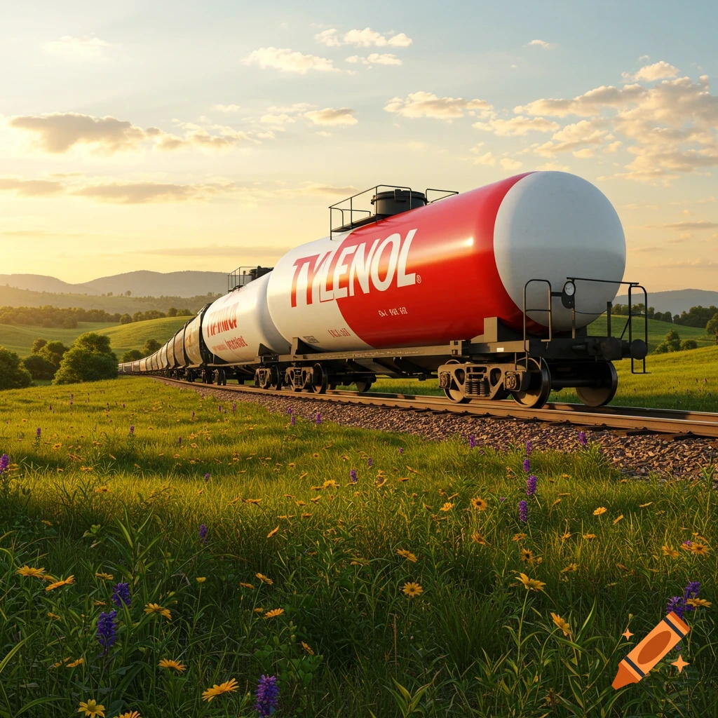A train with a giant red and white Tylenol capsule tank car on tracks through a green field with wildflowers at sunset.