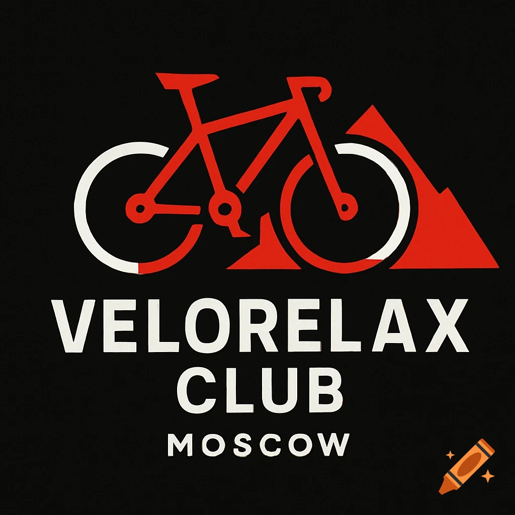 A minimalist logo on a black background featuring a red bicycle and red mountains with white details, above the white text "VELORELAX CLUB MOSCOW".