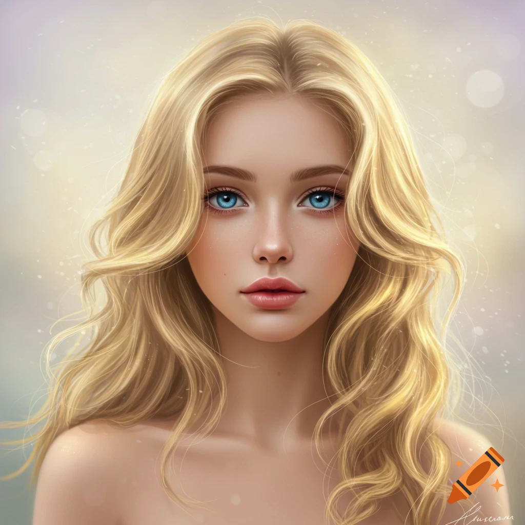 Close-up digital painting of an idealized blonde female with bright blue eyes and wavy hair.