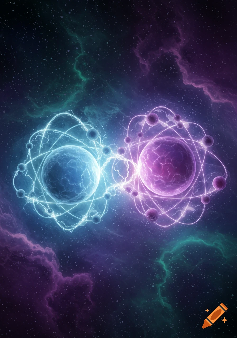 Two glowing blue and purple atomic structures, surrounded by orbiting electrons, connect with energy in a starry cosmic void.