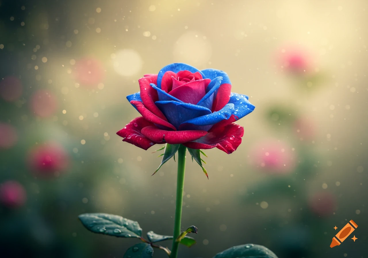 A single rose with red and blue petals and water droplets, against a soft bokeh background.
