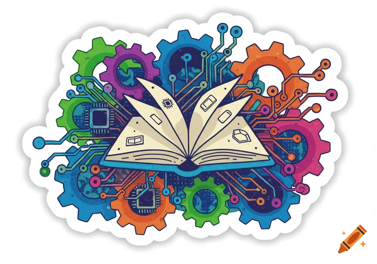 Vibrant illustration of an open book surrounded by colorful gears and circuit board elements, stylized as a sticker.