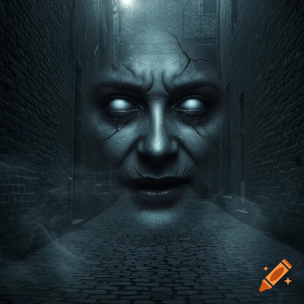 An eerie, cracked, pale face with glowing white eyes emerging from a dark, foggy cobblestone alley.