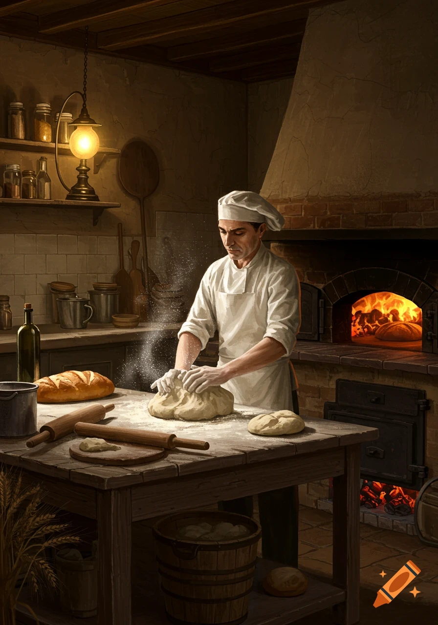 A baker kneads dough on a wooden table in a rustic kitchen with a glowing brick oven in the background.