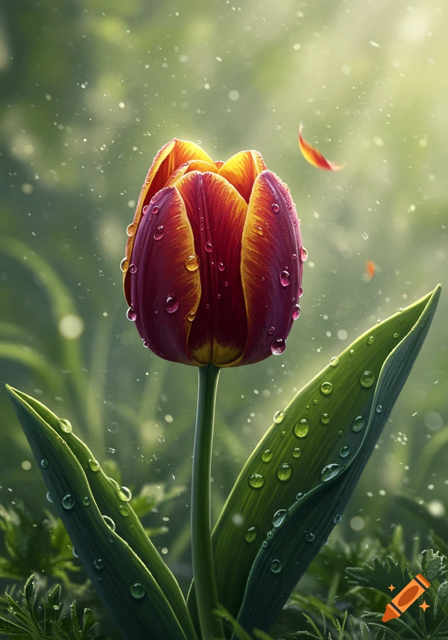 Close-up, photorealistic shot of a vibrant red and yellow tulip covered in sparkling water droplets, against a soft green background.