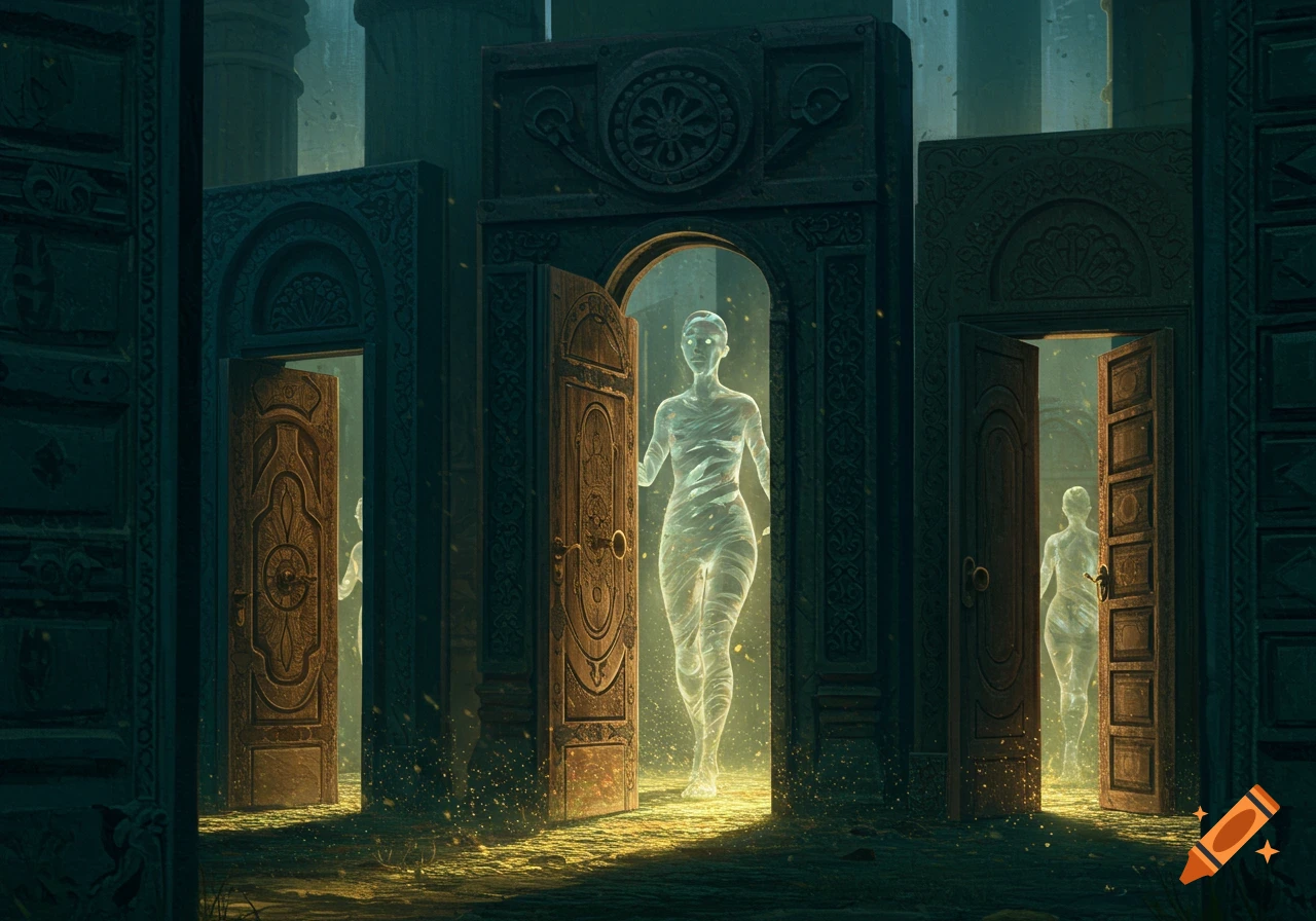 Glowing translucent figures emerge from intricately carved doors in a dark, ancient setting, with light emanating from the doorways.