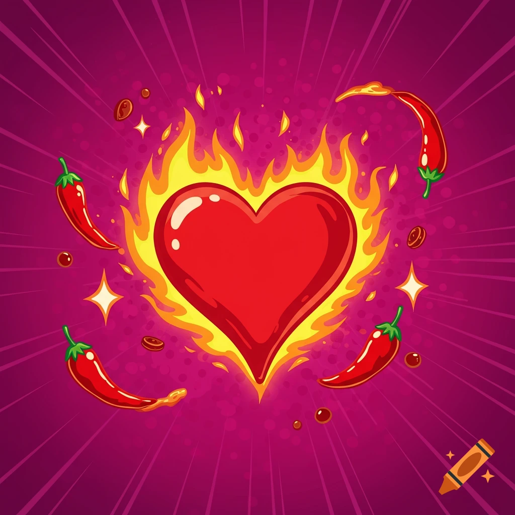 Cartoon red heart engulfed in flames, surrounded by chili peppers, spice, and stars on a magenta background.