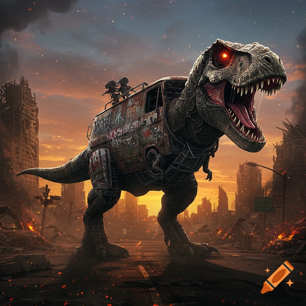 A powerful T-Rex with a graffiti-covered van for a body stomps through a burning, post-apocalyptic city at sunset.