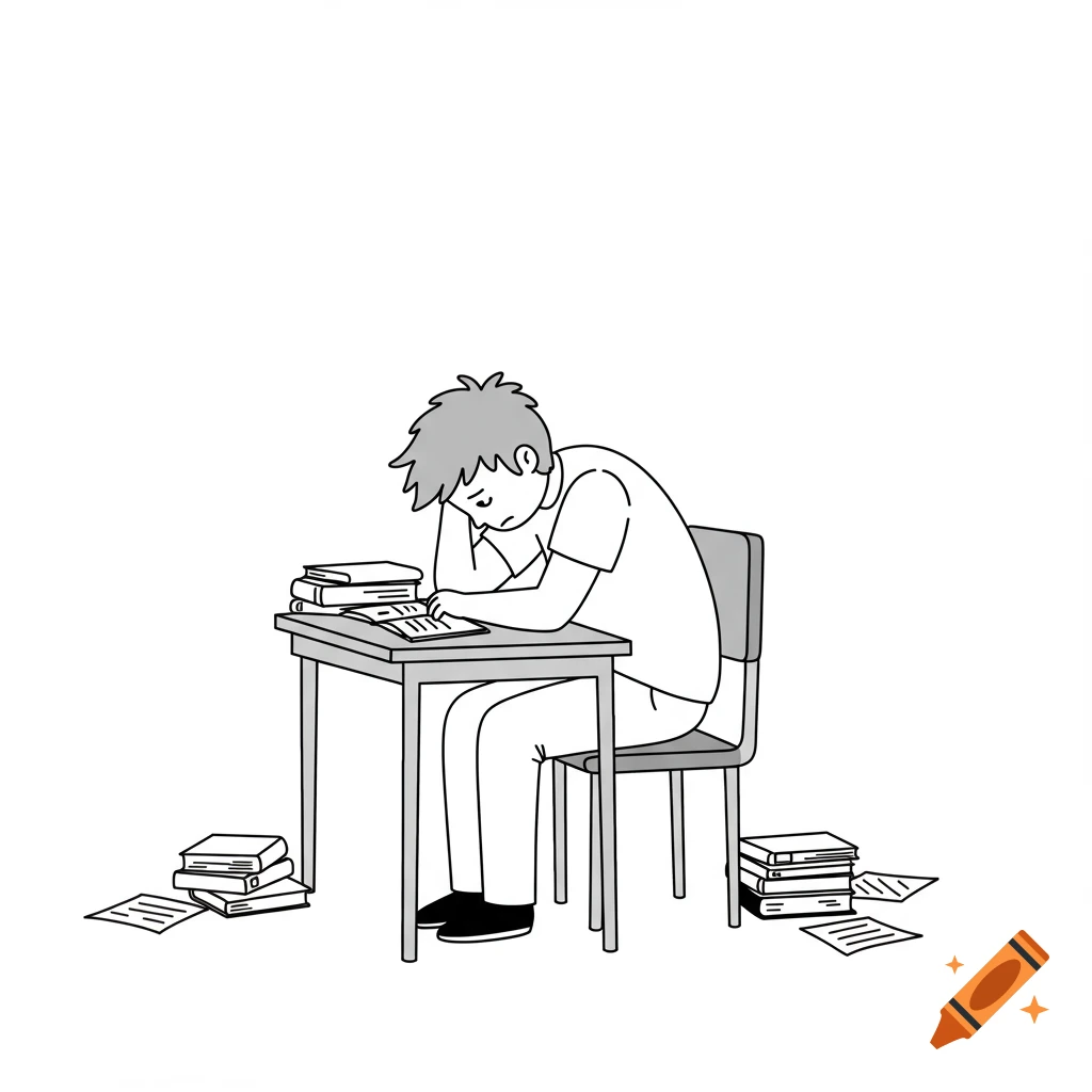 Simple black and white cartoon of a stressed student slumped over a desk with books.