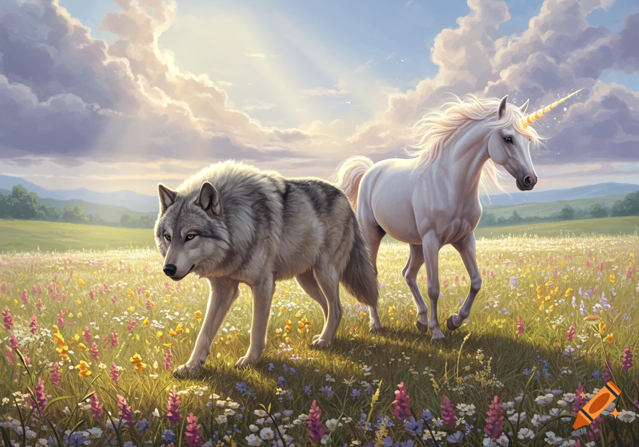 A majestic wolf and a white unicorn walk through a vibrant, flowery meadow under a bright, cloudy sky, in a detailed illustration.