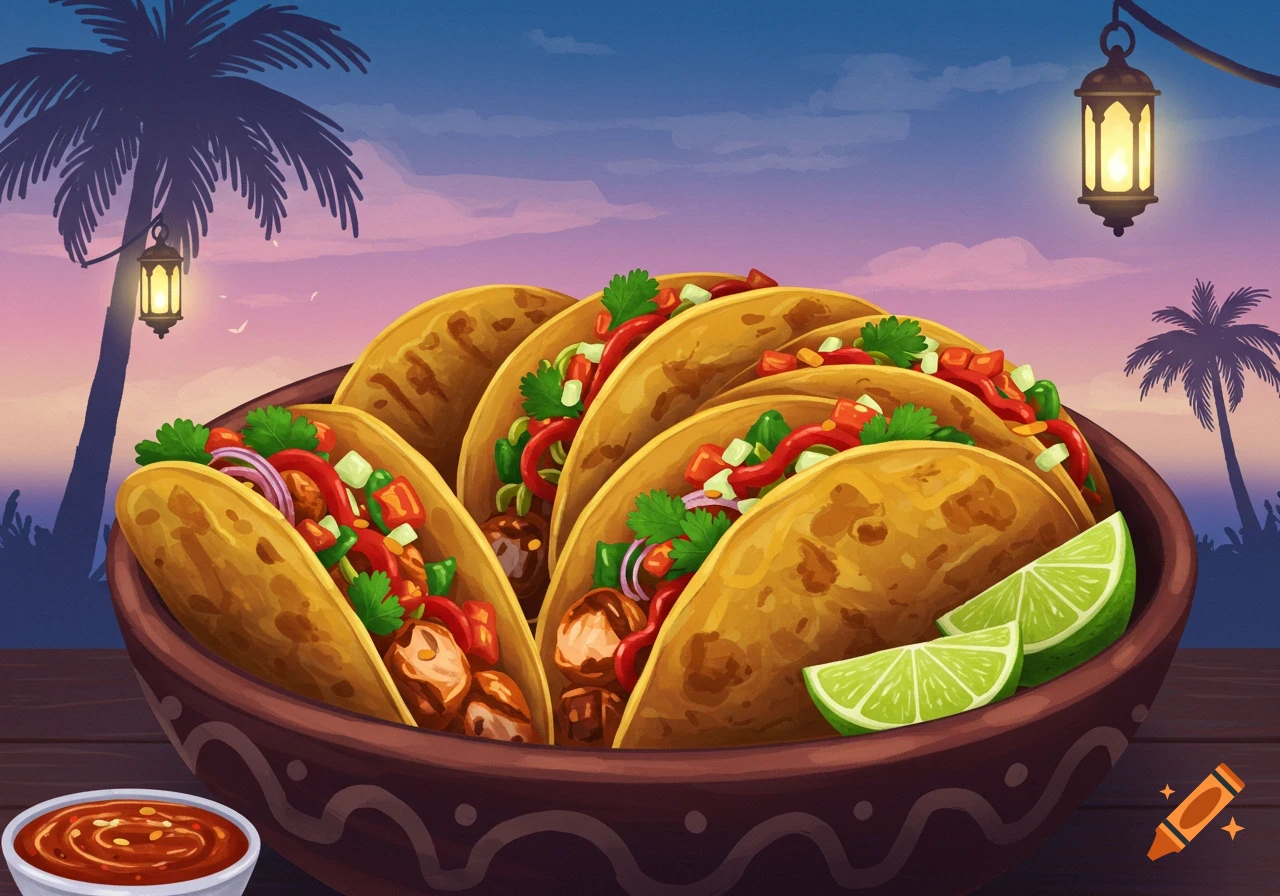 Illustrated bowl of tacos with lime wedges and salsa, set against a vibrant tropical sunset with palm trees and lanterns.
