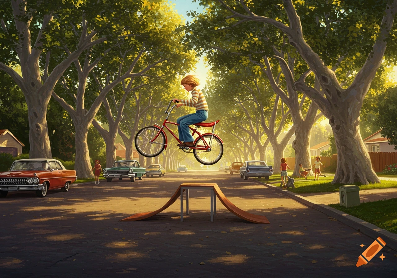 Illustrated child on a red bicycle jumping over a ramp on a sunny, tree-lined suburban street.