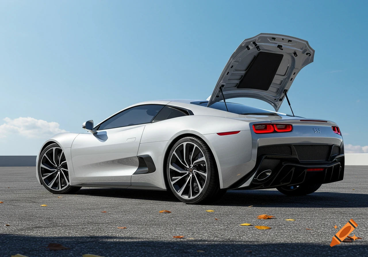 Photorealistic image of a silver sports car with its rear hood open, parked on an asphalt surface with autumn leaves.